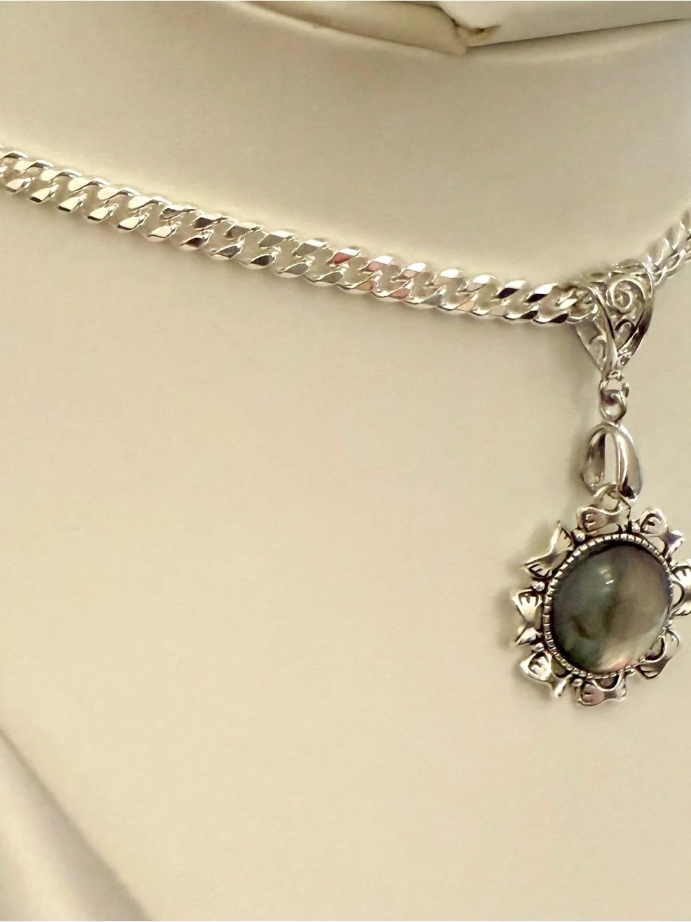 S925 Sterling Silver Abalone Shell Pendant Necklace Floral Artisan Statement